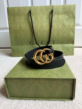 Gucci Black Leather Belt with Gold Double G Buckle